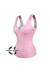 Baby Pink Satin Gothic Overbust Corset  With Shoulder Strap Plus Size Bustier Top